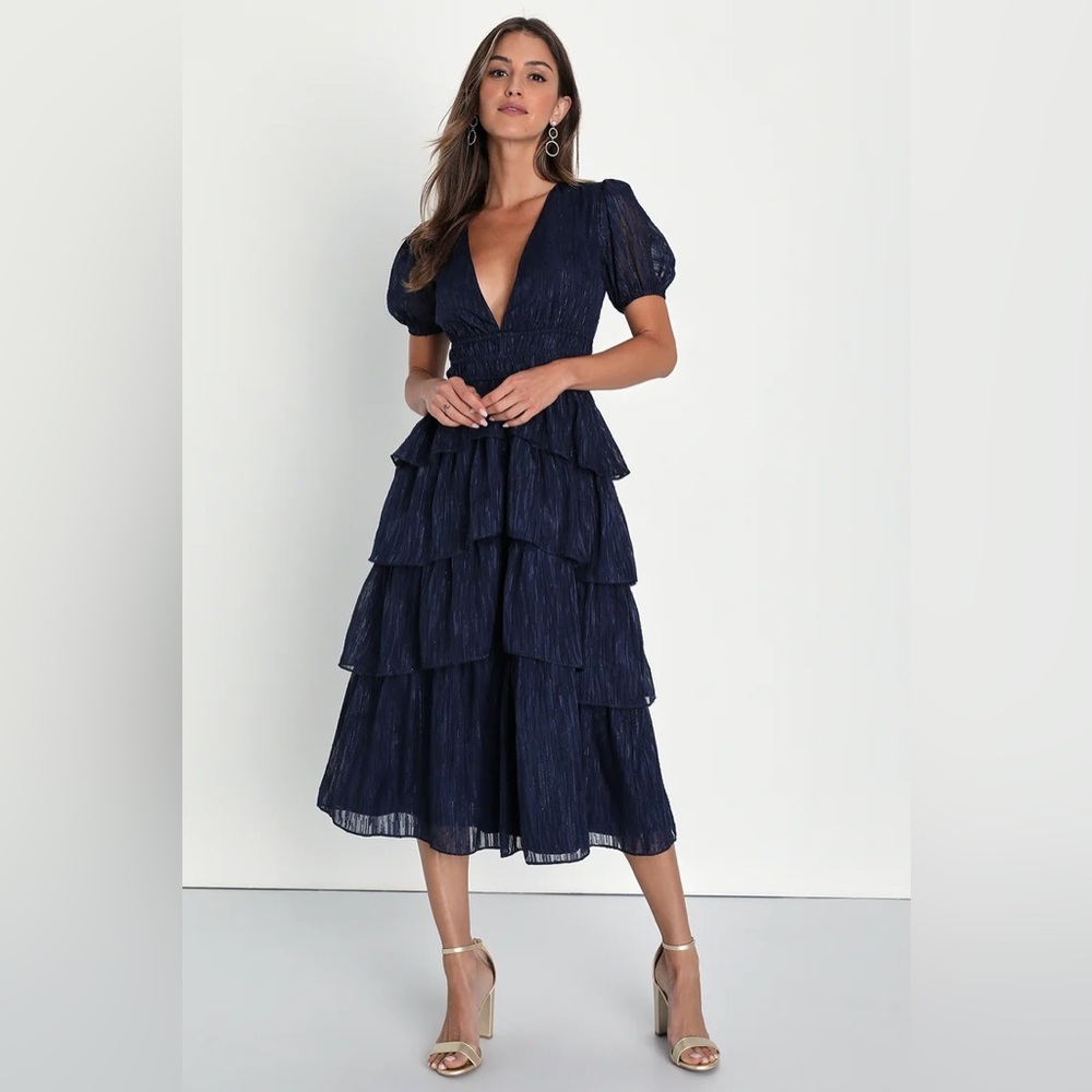 Definitely Delightful Navy Lurex Tiered Puff Sleeve Midi Dress Lulus Navy